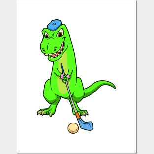 Cartoon dinosaur playing golf - golfer Posters and Art